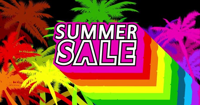 Summer Sale banner with palm trees on the background. 4k animated with long layered multicolored shadow with the colors of a rainbow.