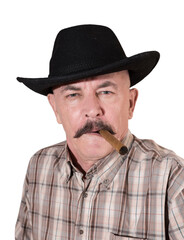 The cowboy with mustache, in a black hat smoking a cigar