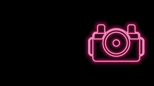 Glowing neon line Photo camera for diver icon isolated on black background. Foto camera icon. Diving underwater equipment. 4K Video motion graphic animation
