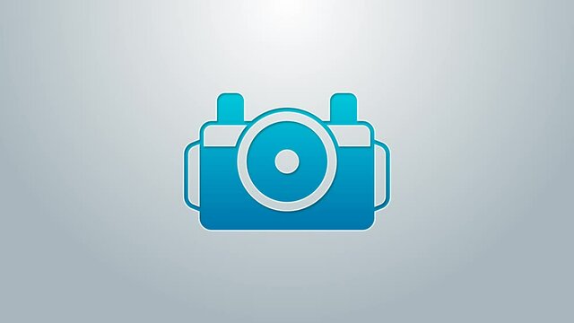 Blue line Photo camera for diver icon isolated on grey background. Foto camera icon. Diving underwater equipment. 4K Video motion graphic animation