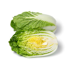 Whole and half fresh raw Chinese cabbage isolated on white background 
