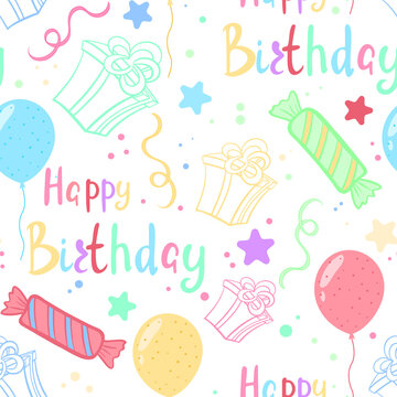Happy birthday seamless pattern, vector illustration. Template for a children's party. Background with balloons, sweets and gifts. Pattern for packaging and wallpaper.