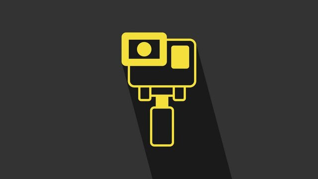 Yellow Action extreme camera icon isolated on grey background. Video camera equipment for filming extreme sports. 4K Video motion graphic animation