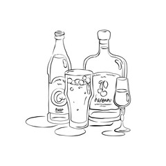 Bottle and glass beer and liquor together in hand drawn style. Beverage outline icon. Restaurant illustration for celebration design. Line art sketch. Black contour object on white background