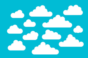 Cloud icons set in flat style isolated on blue background. Cloud symbol for your website, logo, app, ui,poster, flyers, postcards, web banners. Holiday mood, airy atmosphere.  Vector illustration.
