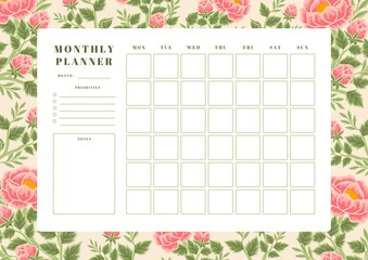 Printable vintage floral monthly planner vector template with rose, peony flowers and botanical leaf illustration elements for school scheduler, seasonal events, reminder, bullet journal