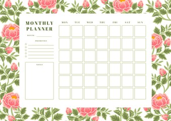 Printable vintage floral monthly planner vector template with rose, peony flowers and botanical leaf illustration elements for school scheduler, seasonal events, reminder, bullet journal