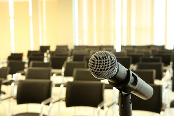 Professional microphone in meeting room. Empty meeting room.