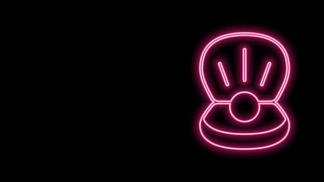 Glowing neon line Natural open shell with pearl icon isolated on black background. Scallop sea shell. Seashell sign. 4K Video motion graphic animation
