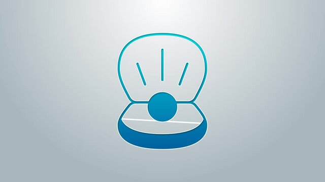 Blue line Natural open shell with pearl icon isolated on grey background. Scallop sea shell. Seashell sign. 4K Video motion graphic animation