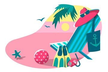 Summer banner isolated on a white background. Includes deck chair, beach umbrella, goggles, ball, flippers and goggles for scuba diving. Sunset on the beach, tourism. Cartoon design. 
