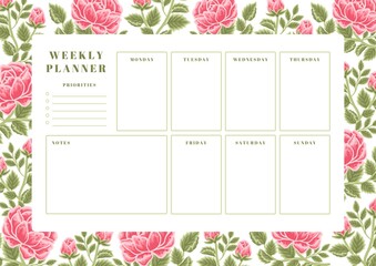 Printable vintage floral weekly planner vector template with rose, peony flowers and botanical leaf illustration elements for school scheduler, seasonal events, reminder, bullet journal