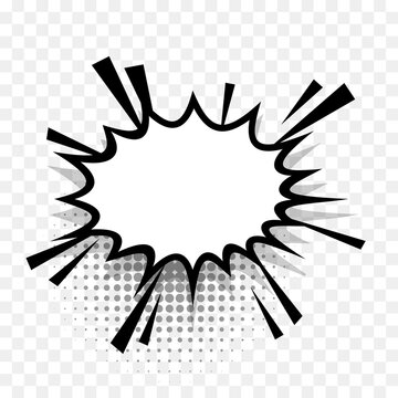 Comics speech bubble for text pop art design. White empty dialog cloud for text message halftone shadow. Comics sketch explosion star splash comic book text. Wow effect cartoon vector elements