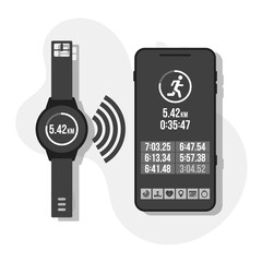 fitness tracker with running training indicator connected to smartphone with rounds results, flat vector illustration