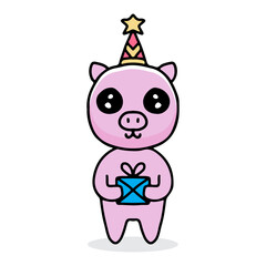cute party pig holding gift cartoon. illustration for t shirt, poster, logo, sticker, or apparel merchandise.