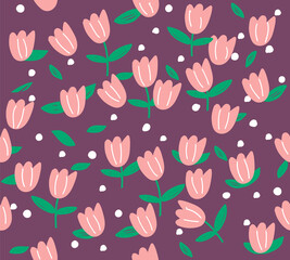 Pink flowers on purple background. Seamless pattern