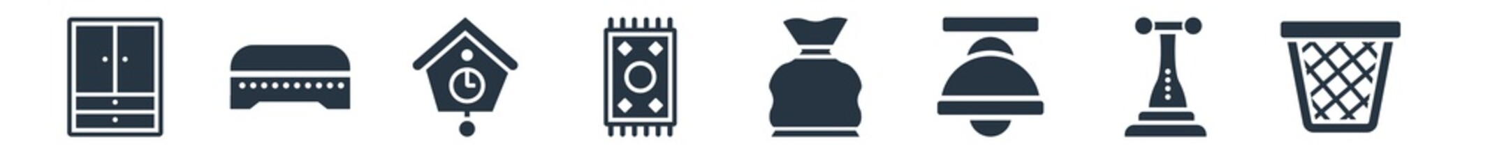 furniture and household filled icons. glyph vector icons such as waste basket, carpet sweeper, lamps, garbage bags, rug, cuckoo clock, ottoman sign isolated on white background.