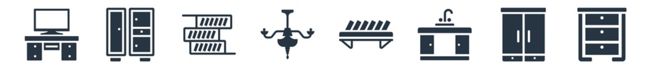 furniture filled icons. glyph vector icons such as dresser, wardrobe, kitchen sink, bookshelve, chandelier, shelves, closet sign isolated on white background.