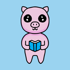 cute pig cartoon reading a book. illustration for t shirt, poster, logo, sticker, or apparel merchandise.