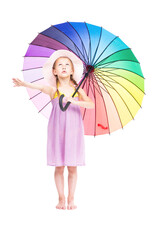 Vertical full length studio portrait of cute Caucasian girl wearing summer dress and hat holding colorful umbrella posing on camera, white background
