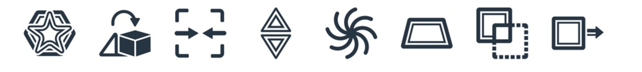 geometric figure filled icons. glyph vector icons such as sent, exclude, trapezium, spiral, triangles couple, merge, transform sign isolated on white background.