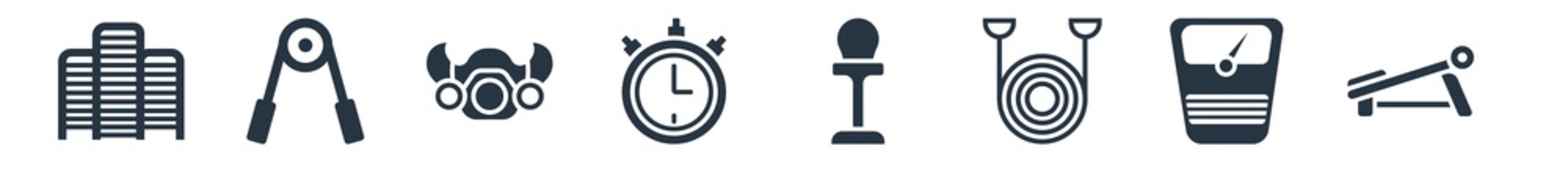 gym and fitness filled icons. glyph vector icons such as simulator for press, weighing scale, exercise bands, standing punching ball, big stopwatch, elevation mask, grip sign isolated on white