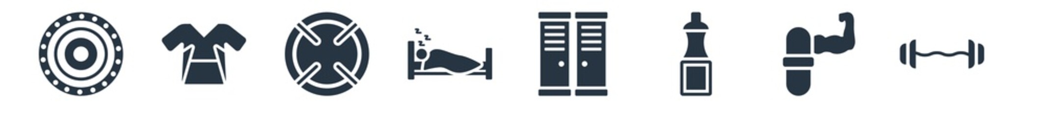 gym and fitness filled icons. glyph vector icons such as dumbbells bar, steroids, hydratation, locker, sleep, iron shoot, sport wear sign isolated on white background.