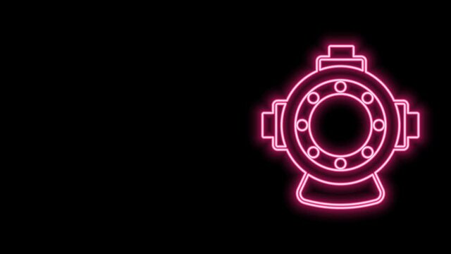 Glowing neon line Aqualung icon isolated on black background. Diving helmet. Diving underwater equipment. 4K Video motion graphic animation