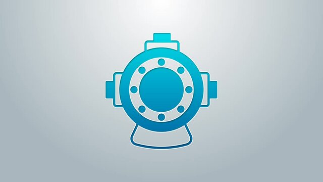 Blue line Aqualung icon isolated on grey background. Diving helmet. Diving underwater equipment. 4K Video motion graphic animation