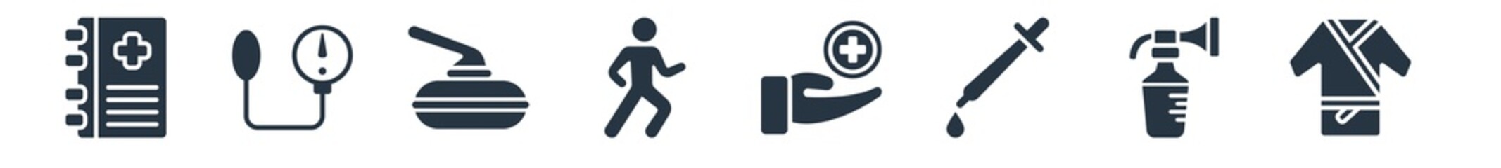 Fototapeta premium health and medical filled icons. glyph vector icons such as patient robe, breast pump, pipette, health care, running, curling, blood pressure gauge sign isolated on white background.