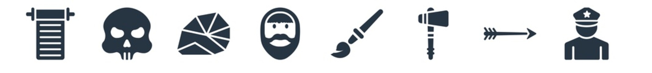 history filled icons. glyph vector icons such as policeman, arrow, ancient weapon, brushes, face, stone, skull sign isolated on white background.