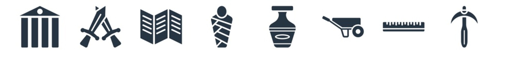 history filled icons. glyph vector icons such as pick, ruler, wheelbarrow, vase, mummy, trifold, swords sign isolated on white background.
