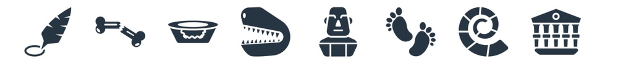 history filled icons. glyph vector icons such as museum, fossil, foot print, moais, dinosaur, bowl, bone sign isolated on white background.