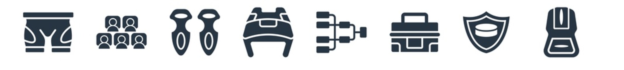 hockey filled icons. glyph vector icons such as bag, emblem, medical kit, playoff, hockey helmet, shin, visitors sign isolated on white background.