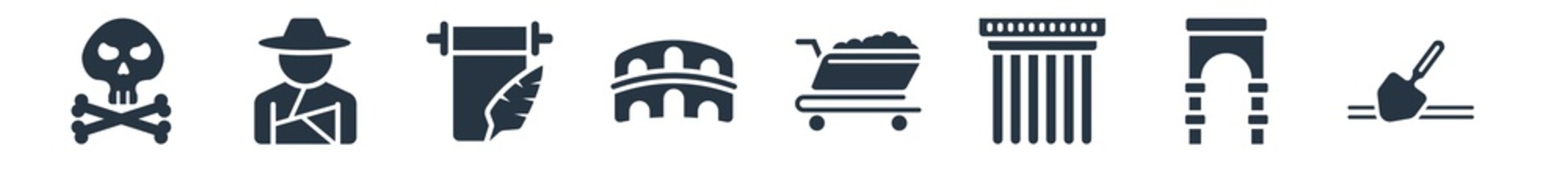 history filled icons. glyph vector icons such as archaeological, arc, pillars, cart, colosseum, poster, archeologist sign isolated on white background.