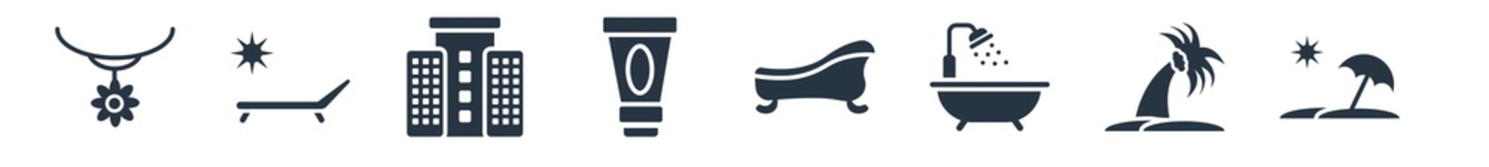 holidays filled icons. glyph vector icons such as vacations, palm trees, bathing, bathtube, sunscreen bottle, hotel building, sunbath sign isolated on white background.