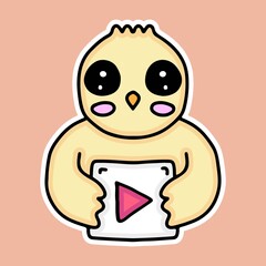 cute chicks holding play button doodle cartoon for social media