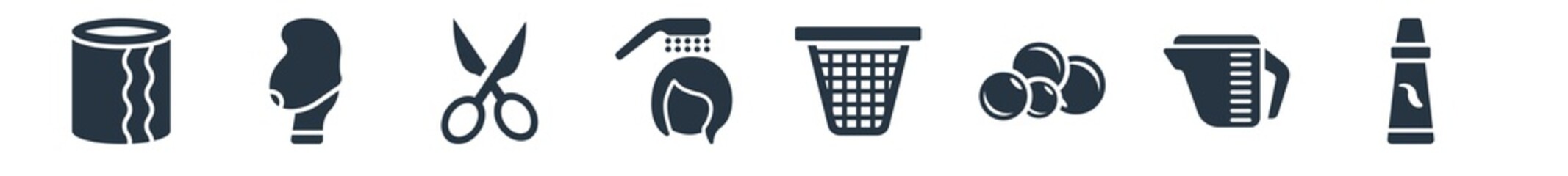 hygiene filled icons. glyph vector icons such as tooth paste, detergent dose?, bubble, laundry basket, hair washing, nail scissors, body shaming sign isolated on white background.