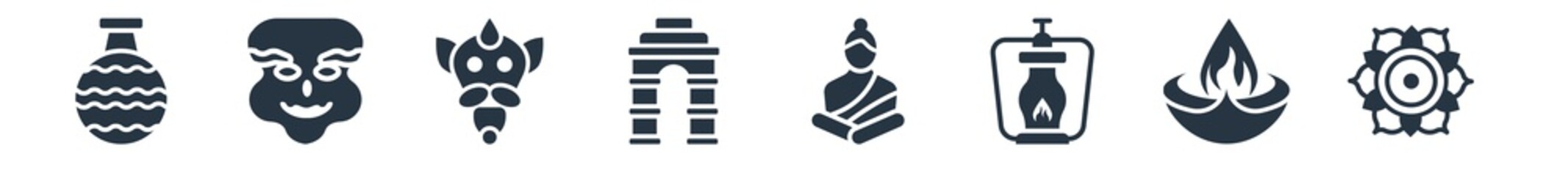 india and holi filled icons. glyph vector icons such as chakra, diwali lamp, oil lamp, buddha, gate of india, hanuman, kathakali sign isolated on white background.