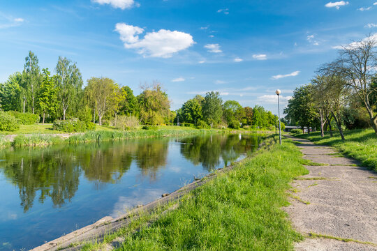Gwda river in city center of Pila, Poland.
