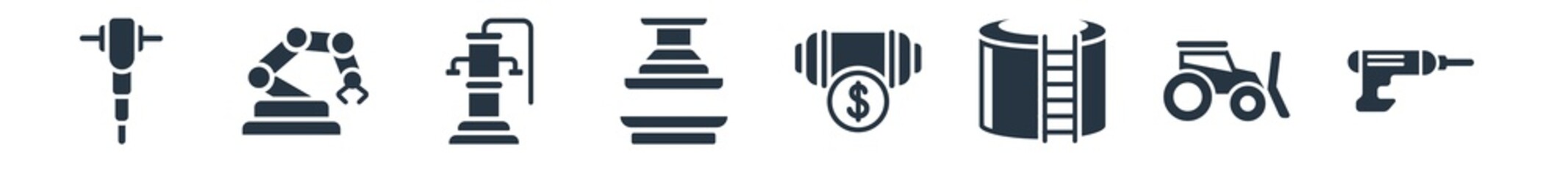 industry filled icons. glyph vector icons such as industrial drill, skid loader, storage tank, currency, machine press, hand pump, industrial robot sign isolated on white background.