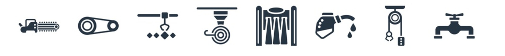 industry filled icons. glyph vector icons such as pipes, sheave, fuel filling, hydro power generation, uncoiler, machinery, timing belt sign isolated on white background.