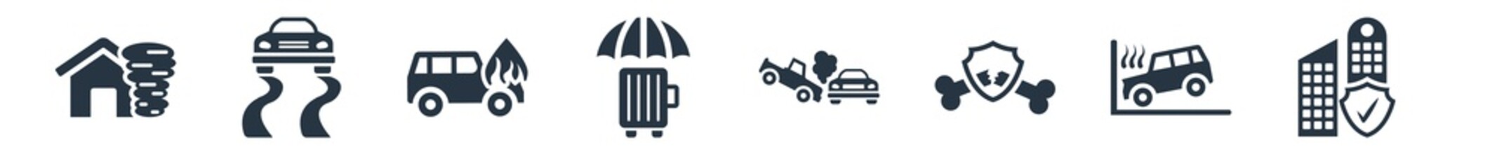 insurance filled icons. glyph vector icons such as building insurance, car accident, fracture, side crash, luggage insurance, burning car, slippery road sign isolated on white background.
