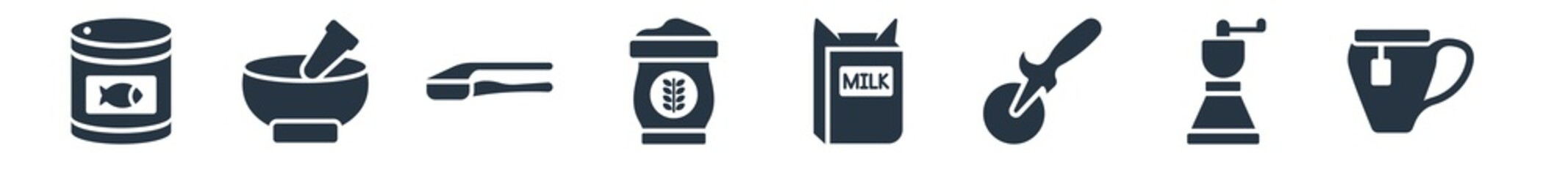kitchen filled icons. glyph vector icons such as mug, coffee grinder, pizza cutter, milk, flour, garlic press, mortar sign isolated on white background.