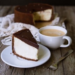 Cheesecake with chocolate and cup of coffee. Slice of classical New York cheesecake poured with chocolate sauce. Rustic style. Close up