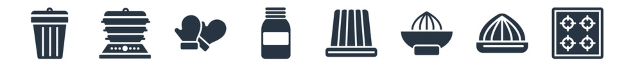 kitchen filled icons. glyph vector icons such as stove, molded, juicer, mould, jar, mitten, steamer sign isolated on white background.