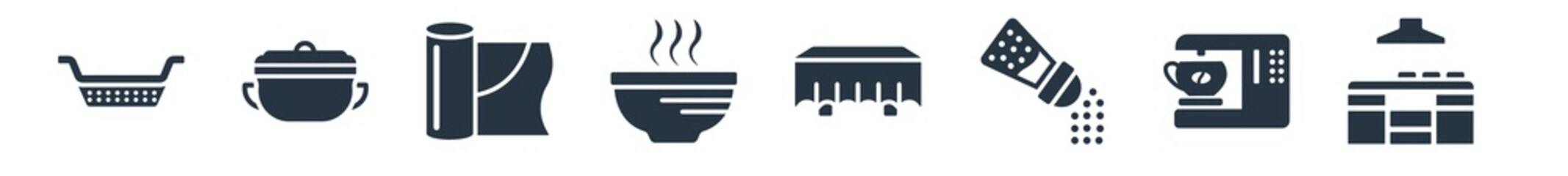 kitchen filled icons. glyph vector icons such as kitchen, coffee maker, seasoning, tablecloth, soup bowl, aluminum foil, stew pot sign isolated on white background.