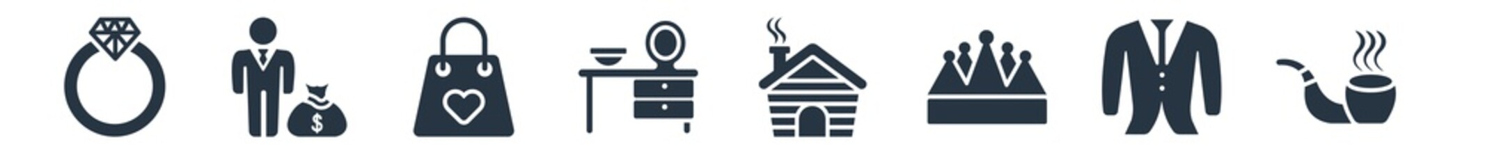 luxury filled icons. glyph vector icons such as smoke pipe, suit, crown, cottage, dressing table, gift bag, rich man sign isolated on white background.