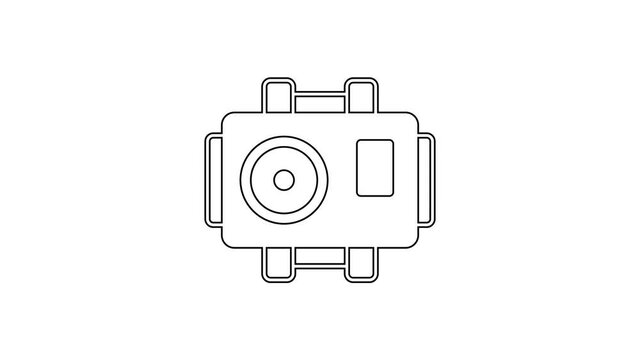 Black line Photo camera for diver icon isolated on white background. Foto camera icon. Diving underwater equipment. 4K Video motion graphic animation