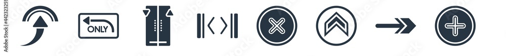 Poster user interface filled icons. glyph vector icons such as round add button, arrow pointing right, top 